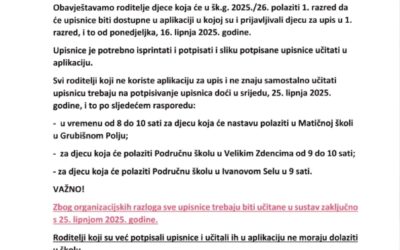 OBAVIJEST – UPISI U 1. RAZRED