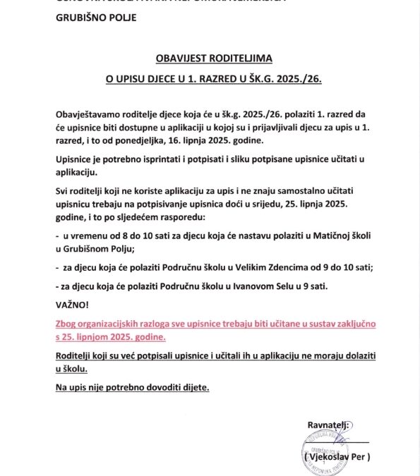 OBAVIJEST – UPISI U 1. RAZRED