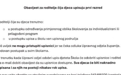 Obavijest za roditelje čija djeca upisuju prvi razred