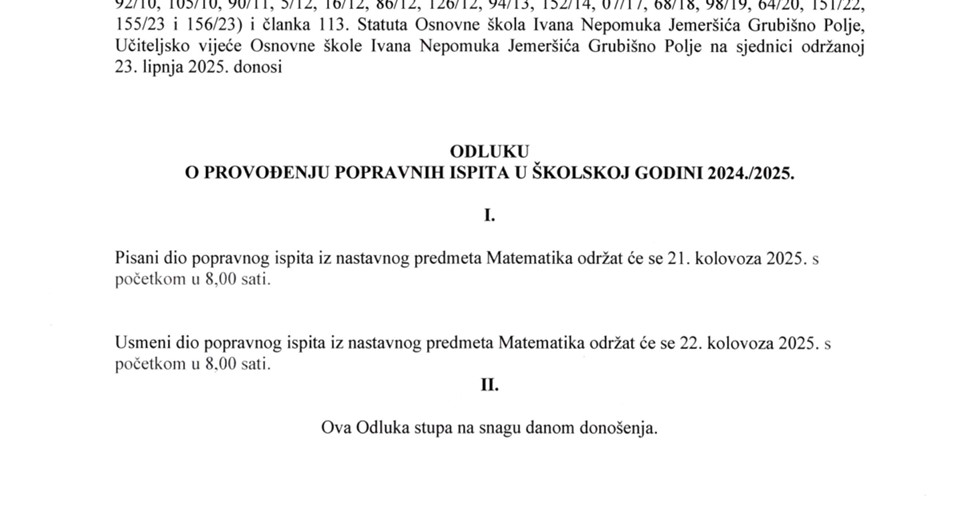 Odluka o provođenju popravnih ispita